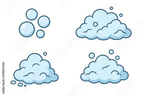 Bubble and foam linear icon set. Vector cartoon illustration of soap suds, lather, and water bubbles. Symbols for cleaning, washing, hygiene, and fresh concepts.