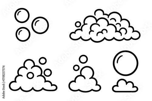 Bubble and foam outline icon set. Vector cartoon illustration for soap, suds, washing, and cleaning concepts. Simple fizzy water or carbonated drink effect elements.