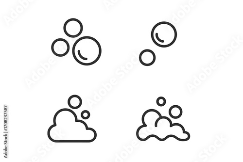 Soap bubbles and foam line icon set. Suds, lather, and fizz symbols. Concept of cleaning, washing, hygiene. Carbonated water, soda pop. Minimal outline vector illustration.
