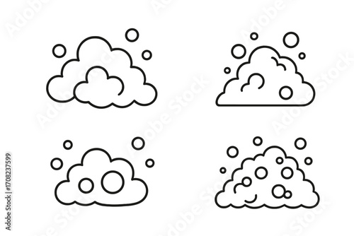 Set of soap foam and bubbles outline icons. Vector cartoon illustration of suds, lather, and effervescent fizz. Symbol collection for cleaning, washing, and carbonated drinks.