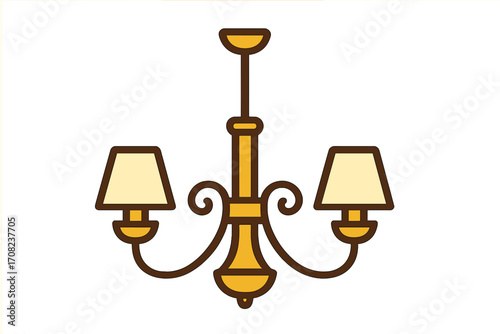 Classic chandelier icon vector. Vintage ceiling lamp for home interior decoration. Retro light fixture illustration. Elegant house electrical lighting cartoon graphic design.
