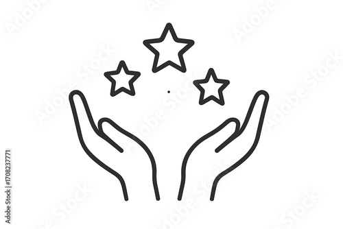 Hands holding stars line icon. Concept for quality, rating, customer review. Five star feedback symbol for top service and satisfaction. Best choice, achievement, and success prize.