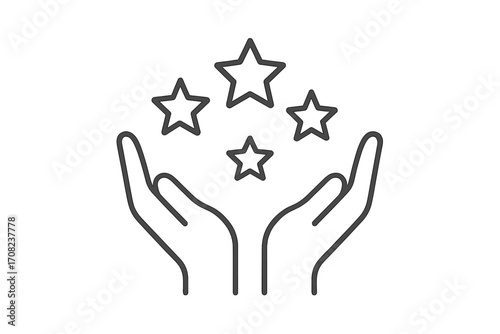 Hands with stars icon for rating and customer review. Quality feedback and satisfaction concept. Symbol of evaluation, success, and best choice. Vector line art for web design.