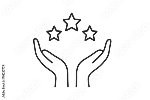 Quality rating icon with stars in hands. Customer review and feedback concept. Symbol of best service, excellence, success. Metaphor for achievement, evaluation, top choice.