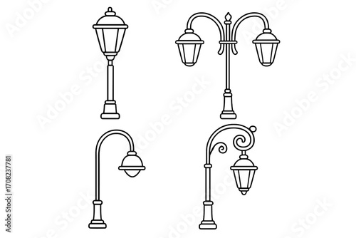 Streetlight outline icon set. Collection of vintage lampposts for city and park design. Urban street lamp vector illustration. Classic road lighting graphic elements.