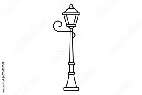 Street light outline, lamppost line icon, vintage street lamp vector. Classic retro city light post. Urban park element illustration. Isolated linear symbol drawing.