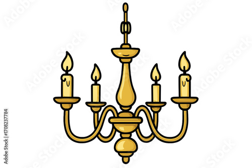 Golden chandelier with burning candles. Vintage classic lamp icon. Luxury antique interior decoration element. Cartoon vector illustration for home decor, web, apps, or cards.
