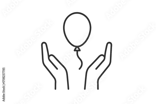 Hands holding balloon line icon. Metaphor for freedom, letting go, hope, dream, and happiness. Minimalist vector illustration for celebration, party, web, app, logo.