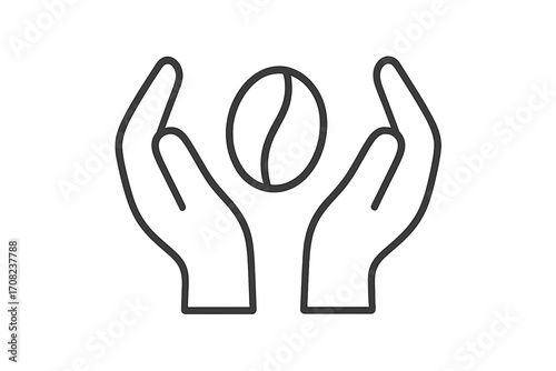 Hands holding coffee bean outline icon. Minimalist vector for cafe logo, web design. Symbol of quality, care, organic coffee, fair trade, and fresh roast concept.