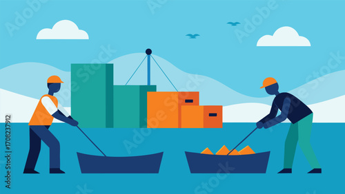 Fishermen repair nets near moving containers and cranes in a busy harbor vector illustration