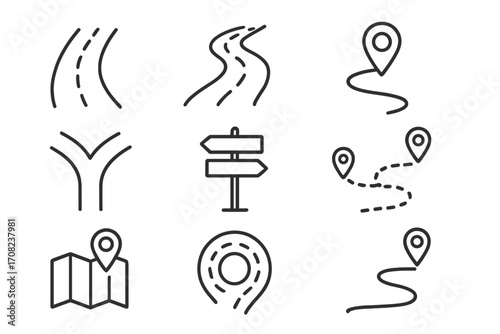 Road, path and map navigation line icon set. Route, destination, location pin and direction signs. Vector outline symbols for graphic design, web, apps, and GPS.