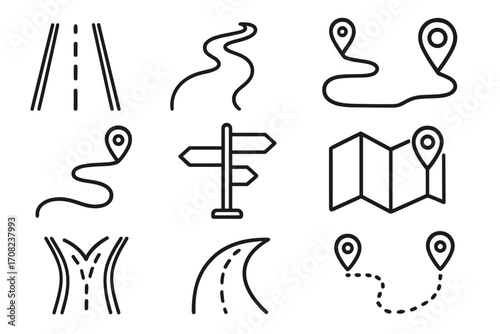 Road, path and map navigation line icon set. Route, journey and travel concepts. Location pin, destination marker, direction signpost and gps tracking vector symbols.