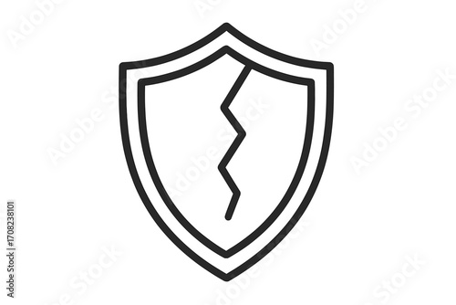 Broken shield icon. Cracked protection symbol. Concept of vulnerability, data breach, weak defense, and security failure. Unsafe and unsecured access. Damaged safety.