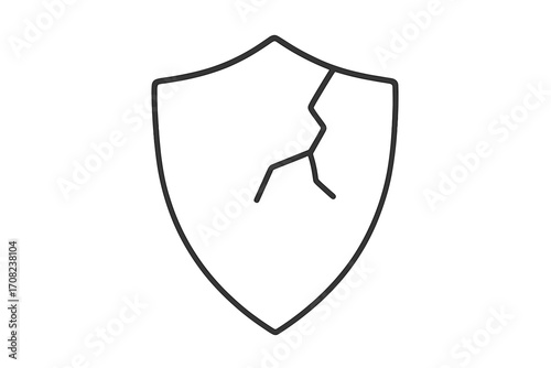 Cracked shield icon. Broken protection and security symbol. Metaphor for vulnerability, risk, data breach, failure, and danger. Simple thin line vector illustration.