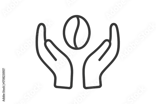 Hands holding coffee bean logo. Minimalist line icon for cafe, roastery, and fair trade concepts. Agriculture, harvest, and quality theme. Vector illustration for coffee shop packaging.