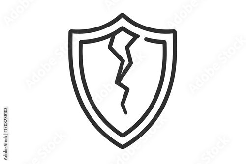 Cracked shield icon symbolizing vulnerability, risk, and failure. Concept of broken security, data breach, or system error. Unprotected and unsafe defense logo for cybersecurity.