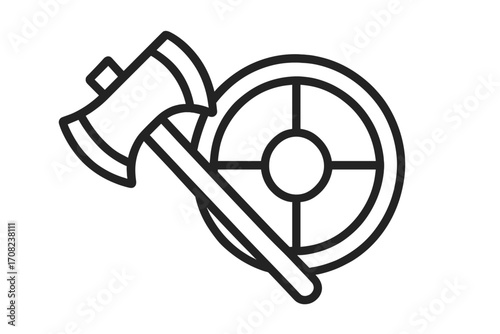 Viking battle axe and shield line icon. Warrior weapon concept. Minimalist vector illustration for logo, emblem, web design, and app. Medieval combat equipment symbol.