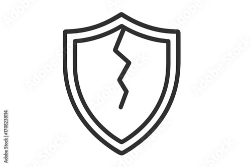 Broken shield icon symbolizing vulnerability, risk, and security failure. Cracked protection sign. Metaphor for data breach, cyber attack, danger, and failed defense.