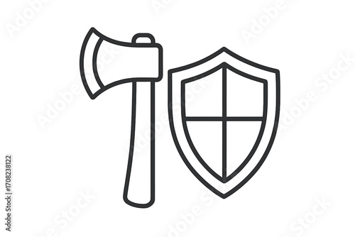 Axe and shield line icon. Minimalist pictogram of medieval weapons. Concept for battle, war, defense, protection, security, combat. Vector for web, apps, logo, games.