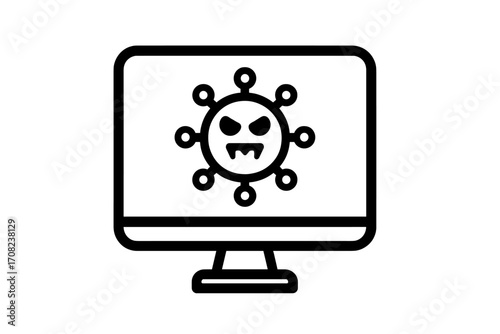 Computer virus attack icon. Malware on screen. Cyber security threat symbol. Hacker alert, system error, data breach concept. Antivirus, trojan, phishing danger sign.