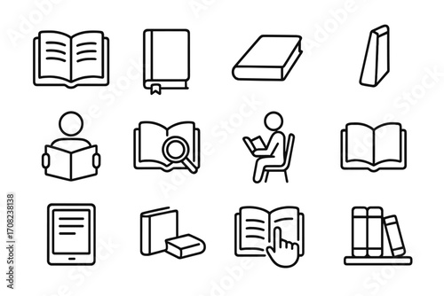 Book and reading line icon set. Education, library, and study outline symbols. Vector for learning, knowledge, literature, ebook, and research. Editable stroke for web and apps.