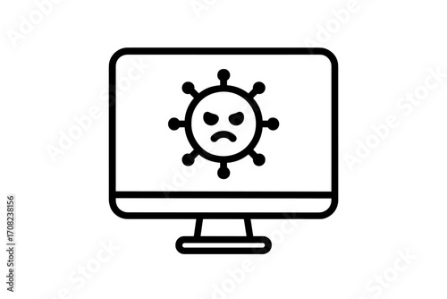 Computer virus attack icon. Malware infection and data security failure concept. Cybercrime, bug, and error symbol for web design, apps, and cybersecurity presentations.