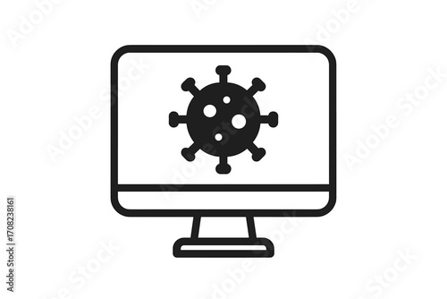 Computer virus attack and data protection failure concept. Malware, trojan or ransomware on monitor screen. Cyber security threat, system error and hacking symbol. Antivirus icon.