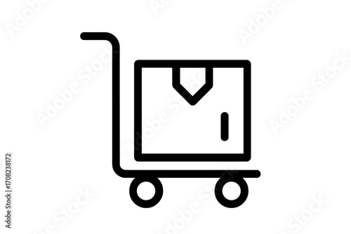 Hand truck with box icon. Logistics, shipping and delivery concept. Cargo, freight and package transportation symbol. Dolly for moving and warehouse work. Minimalistic outline vector.
