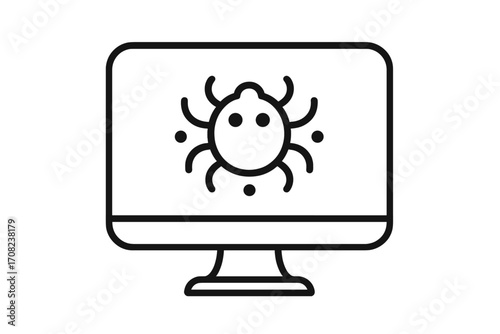 Minimalist vector icon of a computer bug. Virus on monitor screen, malware, trojan horse. Cybersecurity threat, system error, hacking alert. Data breach, defense failure.