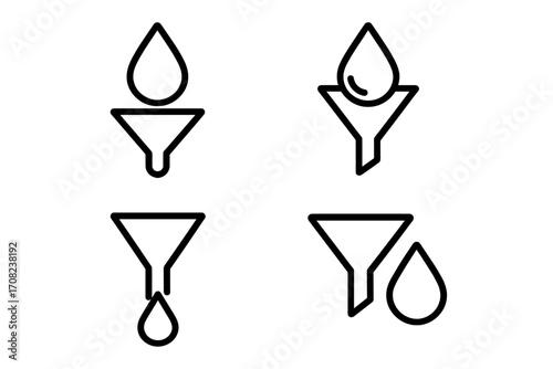 Filter line icon set. Funnel with drop symbol. Water purification or oil refining process concept. Liquid filtering, data sorting pictogram for web. Vector illustration.