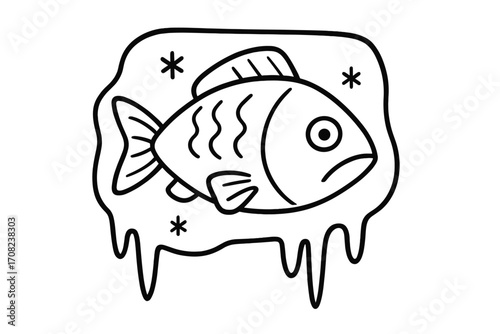 Frozen fish in ice block outline vector. Sad seafood character concept for fishing, food market or climate change metaphor. Linear icon for web, apps, sticker, logo design.