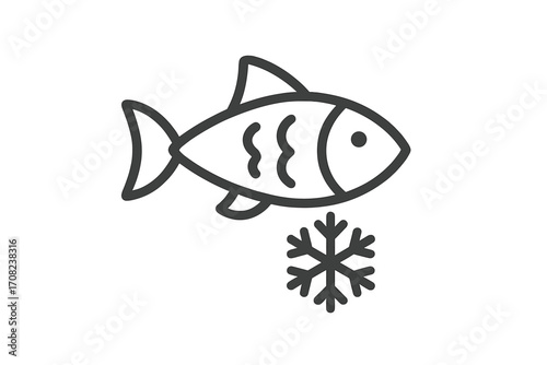 Frozen fish icon, simple seafood line symbol. Vector illustration for frozen food packaging, fish market logo, or grocery store sign. Minimal outline pictogram for menu.