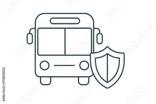Bus insurance and travel safety concept. Public transportation security and protection symbol. Line icon illustration of a bus with a shield for a safe journey guarantee.