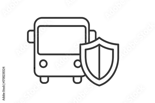 Bus insurance concept icon. Public transport safety and vehicle protection symbol. Travel security thin line vector illustration. Minimalistic pictogram of a coach and shield.