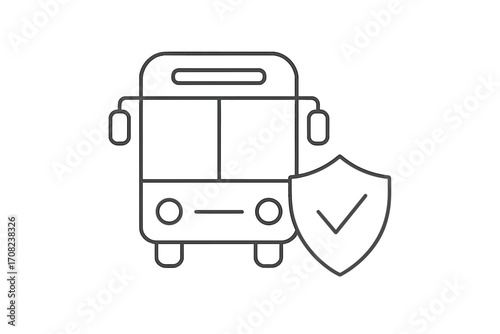 Public transport safety icon. Bus with shield and checkmark. Metaphor for travel insurance, vehicle protection, secure journey, and warranty. Minimalistic vector line art.