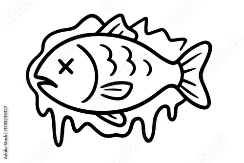 Frozen fish melting outline vector. Dead fish in melting ice icon. Concept of climate change, water pollution, environmental disaster or spoiled seafood. Cartoon illustration.