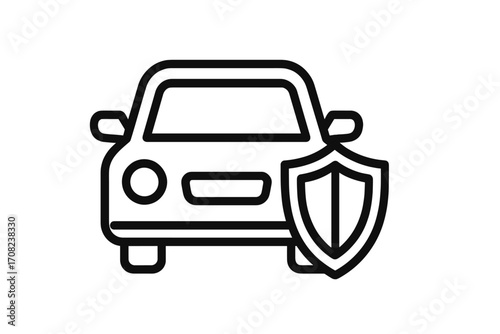 Car insurance vector icon. Auto security symbol with shield. Vehicle safety and protection concept. Automobile guard sign for secure transport. Modern simple outline design.