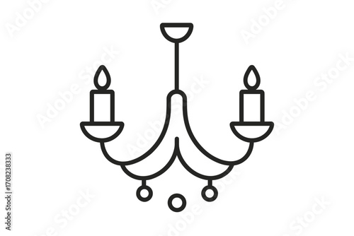 Chandelier ceiling light outline icon. Classic vintage lamp illustration for interior design and home decor. Luxury lighting fixture with candles. Vector symbol for web, app, logo.