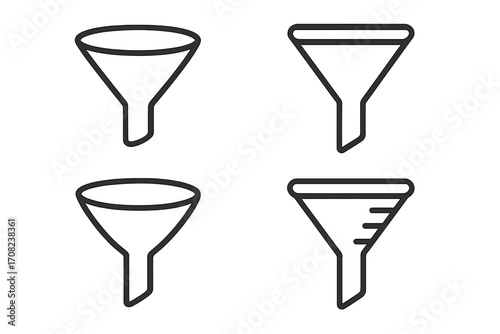 Sales funnel icon set for marketing and business. Vector illustration of conversion process stages. Data filtering and lead generation concept for web and apps. Editable stroke.