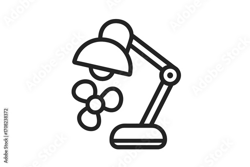 Desk lamp and fan line icon. Office equipment for lighting and cooling. Workstation essentials concept. Simple vector illustration for web, graphic design, apps, and banners.