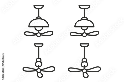 Ceiling fan icon set with lamp and light. Vector line art illustration of home appliance. Electric ventilator for cooling and air circulation. Interior design element. Propeller.