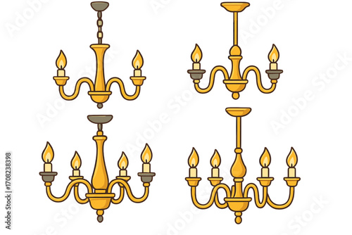 Chandelier vector illustration set. Classic antique ceiling lamp with candles. Golden vintage baroque lustre icon collection for interior home decoration. Luxury elegant light fixture.
