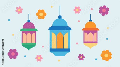 Colorful ramadan lanterns with festive flowers and stars vector illustration eps scalable art