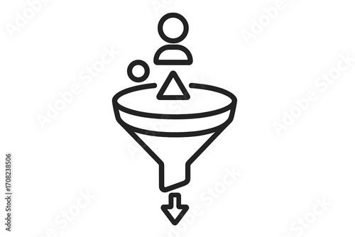 Sales funnel icon with people. Lead generation and client conversion concept. Marketing pipeline process symbol. Customer journey and filtering vector for business analysis.
