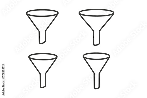 Set of four funnel icons. Sales funnel for marketing and lead generation. Vector line art illustration for business analysis, data filtering, and conversion process. Simple