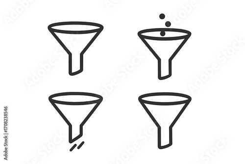 Sales funnel icon set for marketing and lead generation. Vector line icons for data filtering, conversion process, and business workflow. Minimalistic filter symbol.