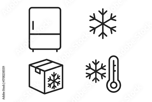 Cold chain logistics and freezer storage icon collection. Thin outline symbols for temperature controlled shipping and food preservation. Refrigerator, snow, and cold icons set.