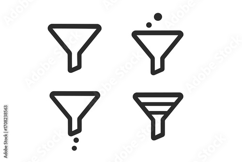 Set of funnel line icons. Filter, sales funnel, and data conversion symbols. Vector graphic for marketing process, lead generation, and business data analysis stages.