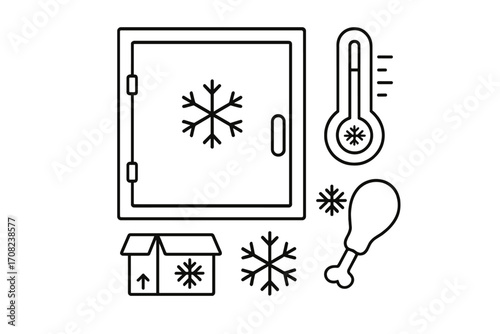 Cold storage and frozen food logistics icon set. Vector outline illustration of a freezer, thermometer, and delivery box. Concepts for refrigeration, cooling, and warehouse.