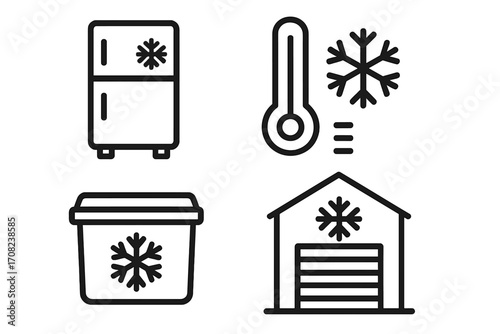 Cold storage outline icon set. Vector symbols for freezing and preservation. Refrigerator, warehouse, frozen food container, low temperature thermometer, snowflake symbol.